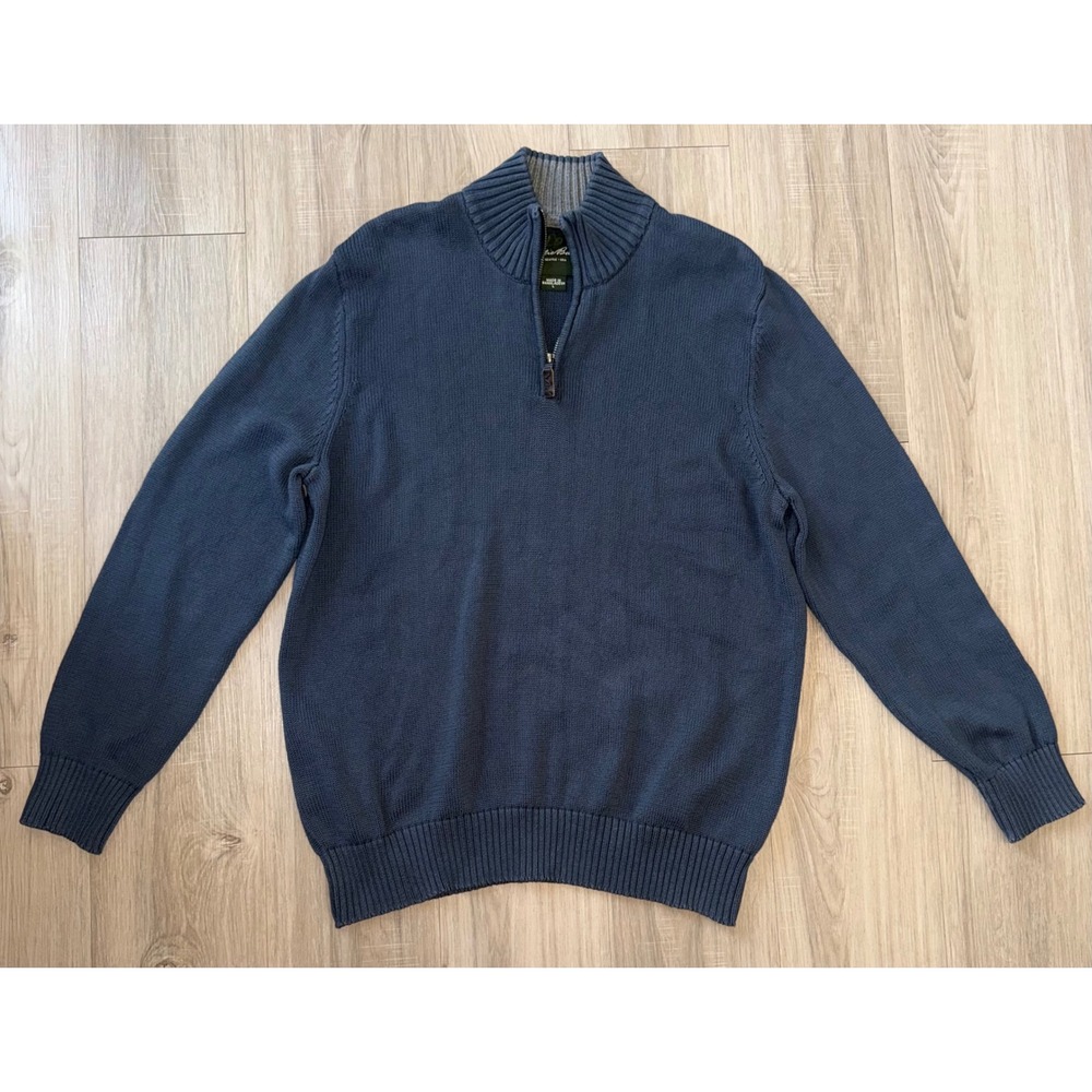 Eddie Bauer Mens Blue 100% Combed Cotton Quarter Zip Sweater Leather Pull Large